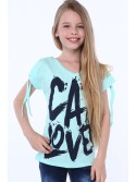 Girls\' blouse with short sleeves and an inscription, mint NDZ81690 - Online store - Boutique